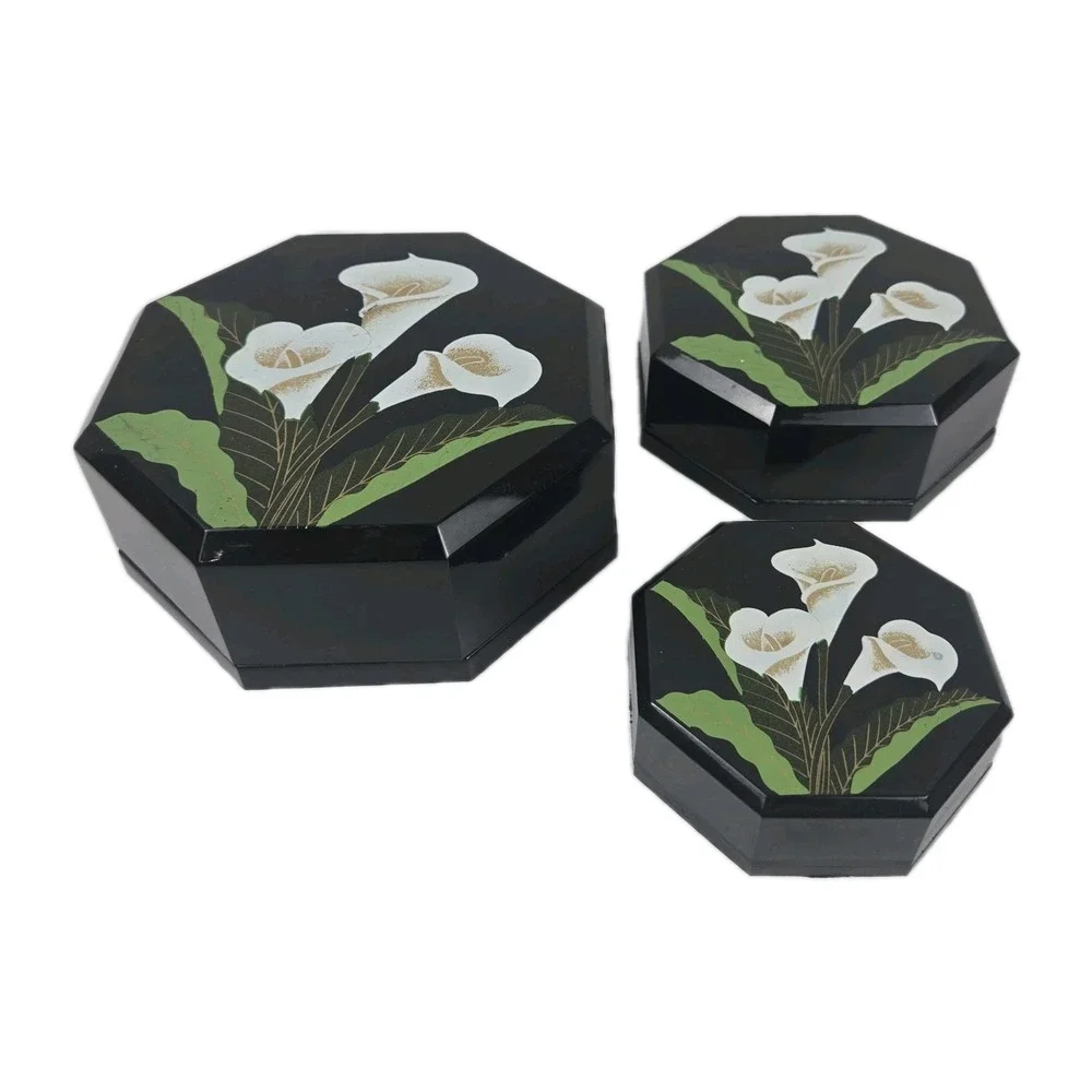 Vtg Trio of Lacquer Ware Nesting Trinket Boxes Hand Painted Calla Lilies Japan